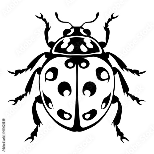 Black and White Ladybug Illustration Showing Wings and Antennae, Stylized Art