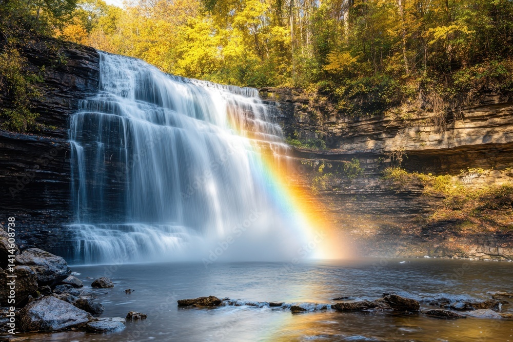 Beautiful waterfall with rainbow during autumn in a serene forest landscape Beautiful waterfall with rainbow during autumn in a serene forest landscape