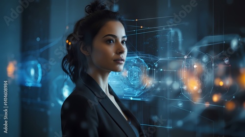 A woman in deep thought, connected to a digital neural network with glowing nodes.