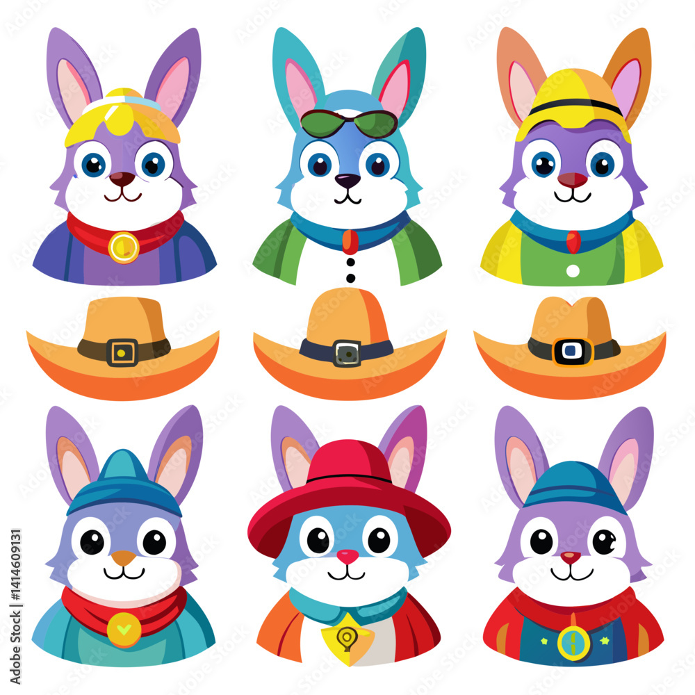 Fototapeta premium Cartoon Bunny Set Wearing Hats and Different Clothes