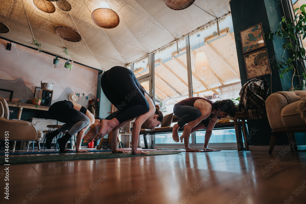 Three individuals engage in yoga in a cozy and well-decorated studio, focusing deeply on balance and posture. The intricate lighting and natural surroundings enhance the serene and focused ambiance. Three individuals engage in yoga in a cozy and well-decorated studio, focusing deeply on balance and posture. The intricate lighting and natural surroundings enhance the serene and focused ambiance.