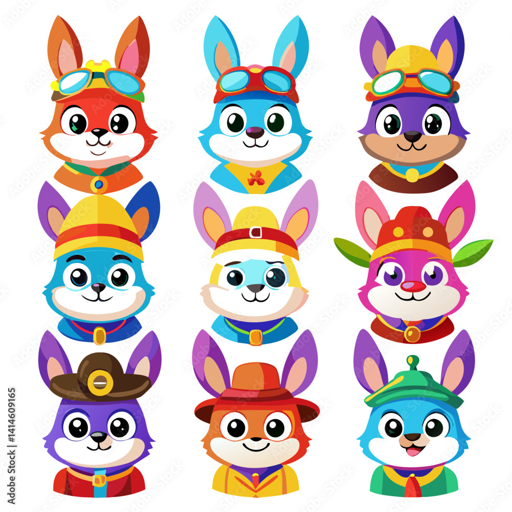 Naklejka premium Cartoon Rabbits Set with Cute Accessories and Clothes