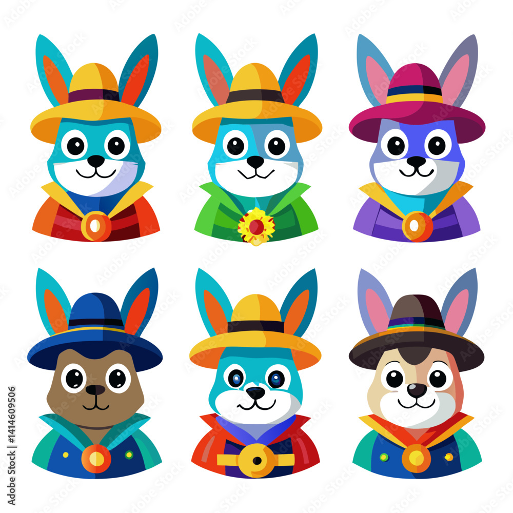 Fototapeta premium Cartoon Bunny Characters in Hats and Capes, Various Colors