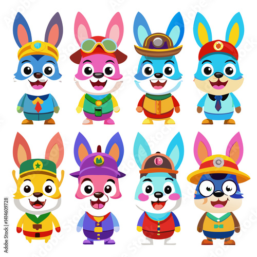 Cute bunny characters in different professions cartoon illustration
