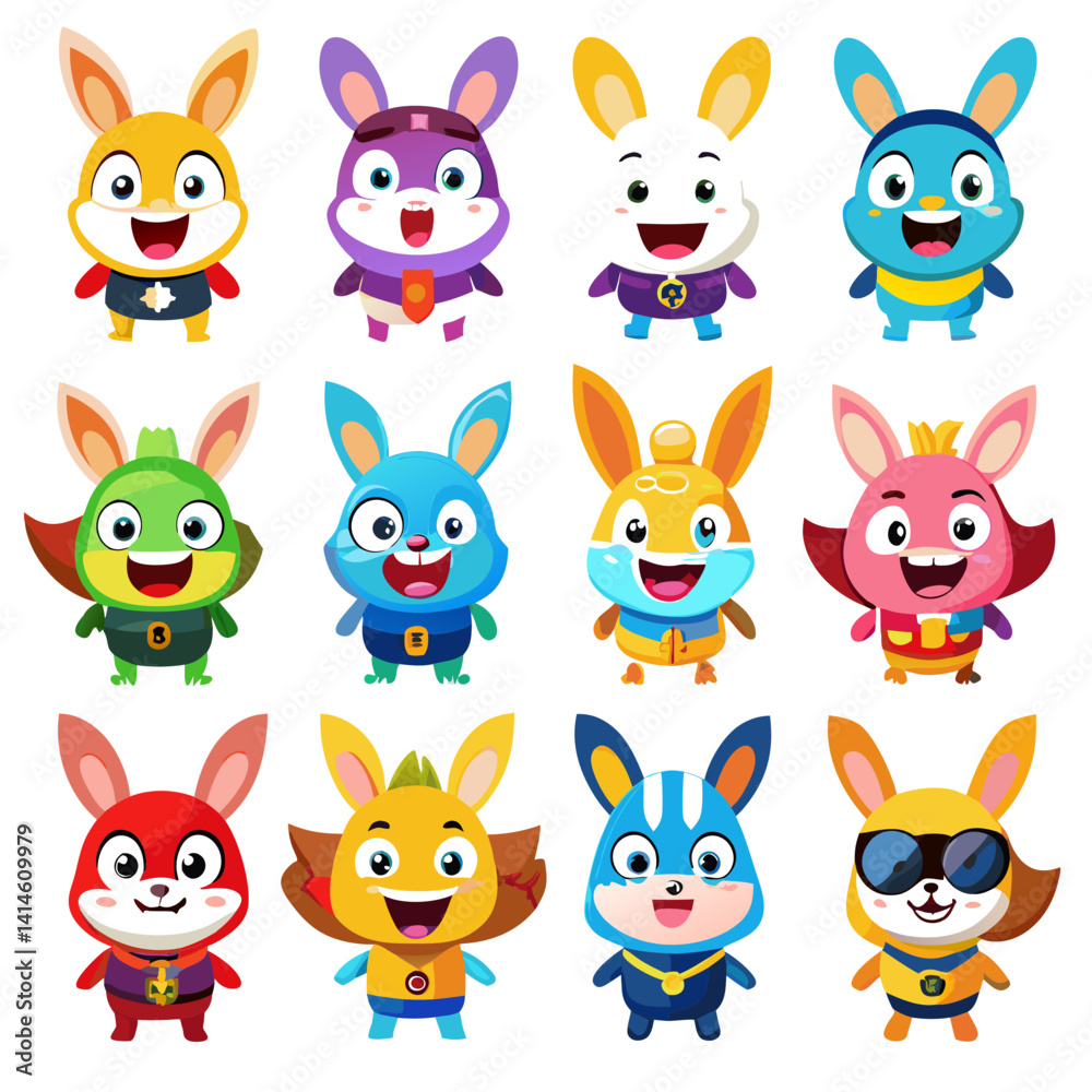 Fototapeta premium Cartoon superhero bunny characters vector illustration in vibrant colors