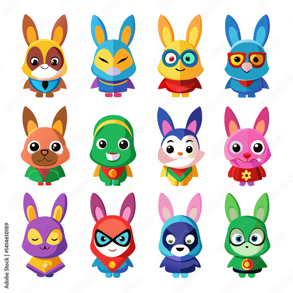 Fototapeta premium Cartoon Superhero Rabbits Collection Colorful, Isolated on White
