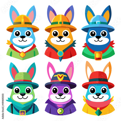 Cute Cartoon Rabbits Dressed Up in Different Outfits