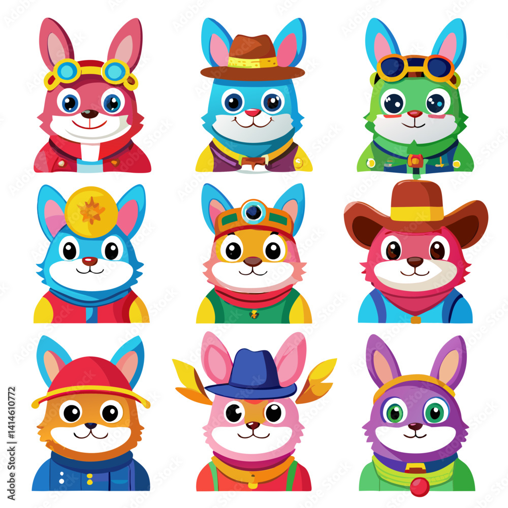 Fototapeta premium Cartoon Rabbits in Costumes, Colorful and Fun Illustration