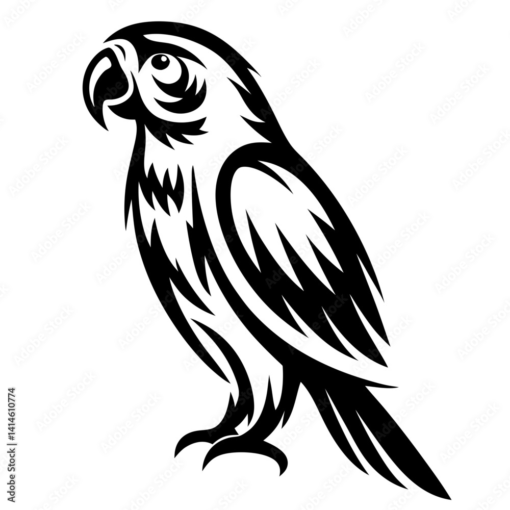 Fototapeta premium Stylized Monochrome Parrot Vector Illustration Ideal for Tattoo or Graphic Design
