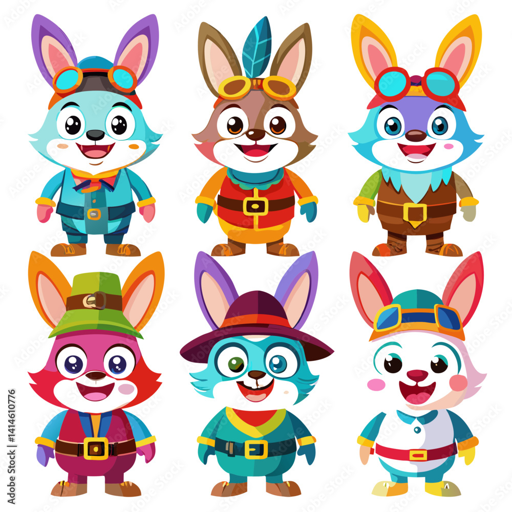Naklejka premium Cartoon Rabbits in Diverse Costumes Illustration for Kids