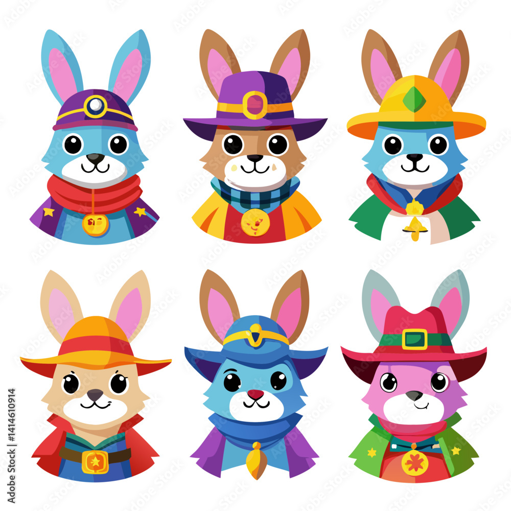 Fototapeta premium Cute Cartoon Wizard Rabbits Set with Magical Hats