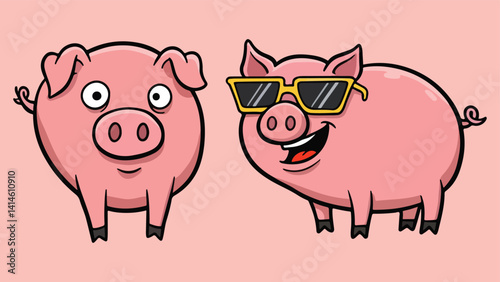 A humorous cartoon illustration featuring two pink pigs. One pig has a surprised expression, while the other wears cool yellow sunglasses and has a big smile.