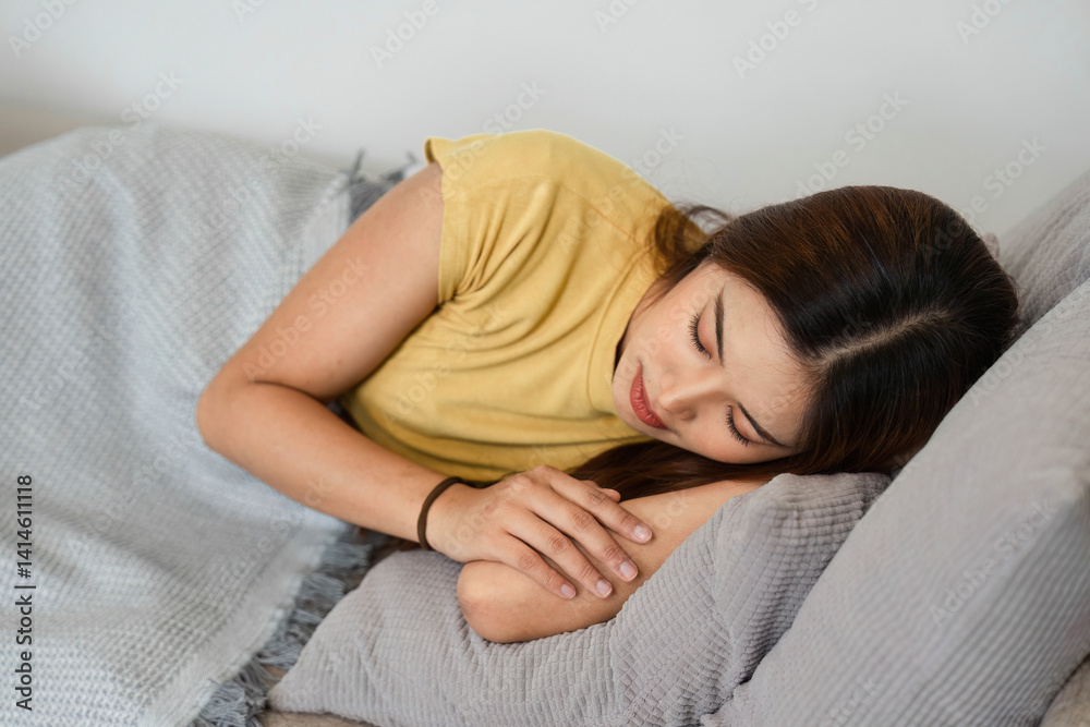 Morning Routine and Relaxation. A woman enjoying a peaceful sleep on her soft bed, embracing tranquility. Morning Routine and Relaxation. A woman enjoying a peaceful sleep on her soft bed, embracing tranquility.