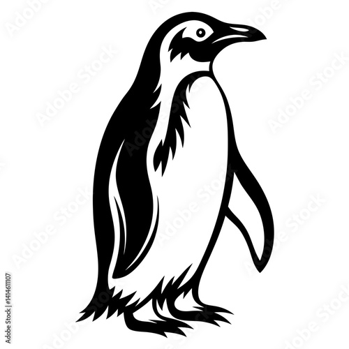 Black and white graphic of a penguin standing against a white background