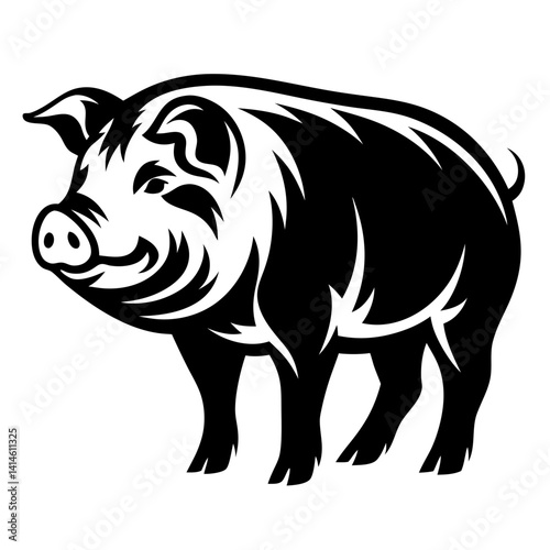 Stylized Black and White Pig Illustration Standing on a White Background