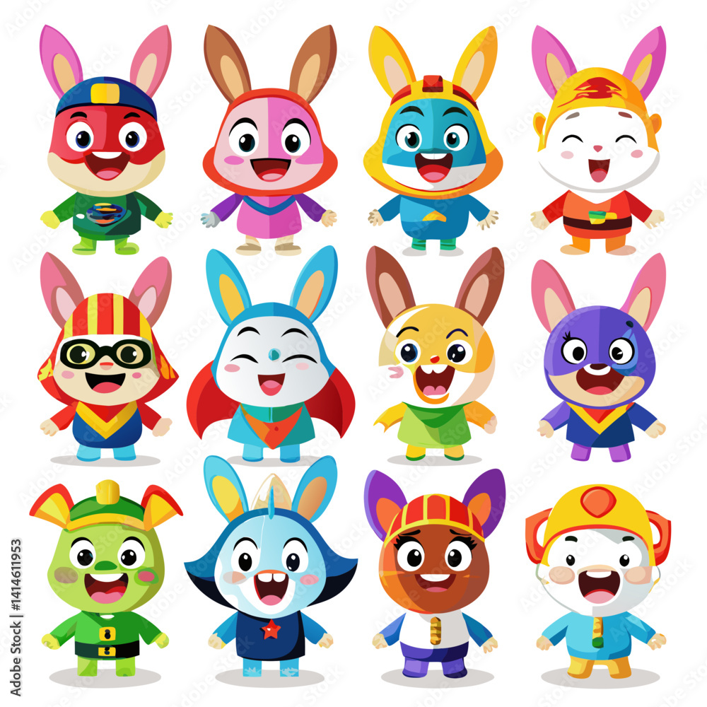 Naklejka premium Cute Superhero Bunny Cartoon Characters Collection Vector Illustration