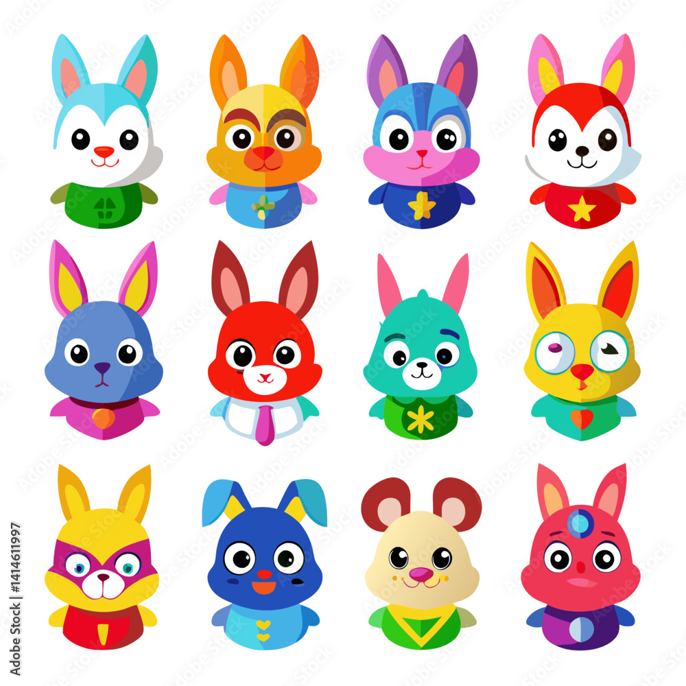 Fototapeta premium Cartoon Rabbits and Mouse Character Collection Design Element