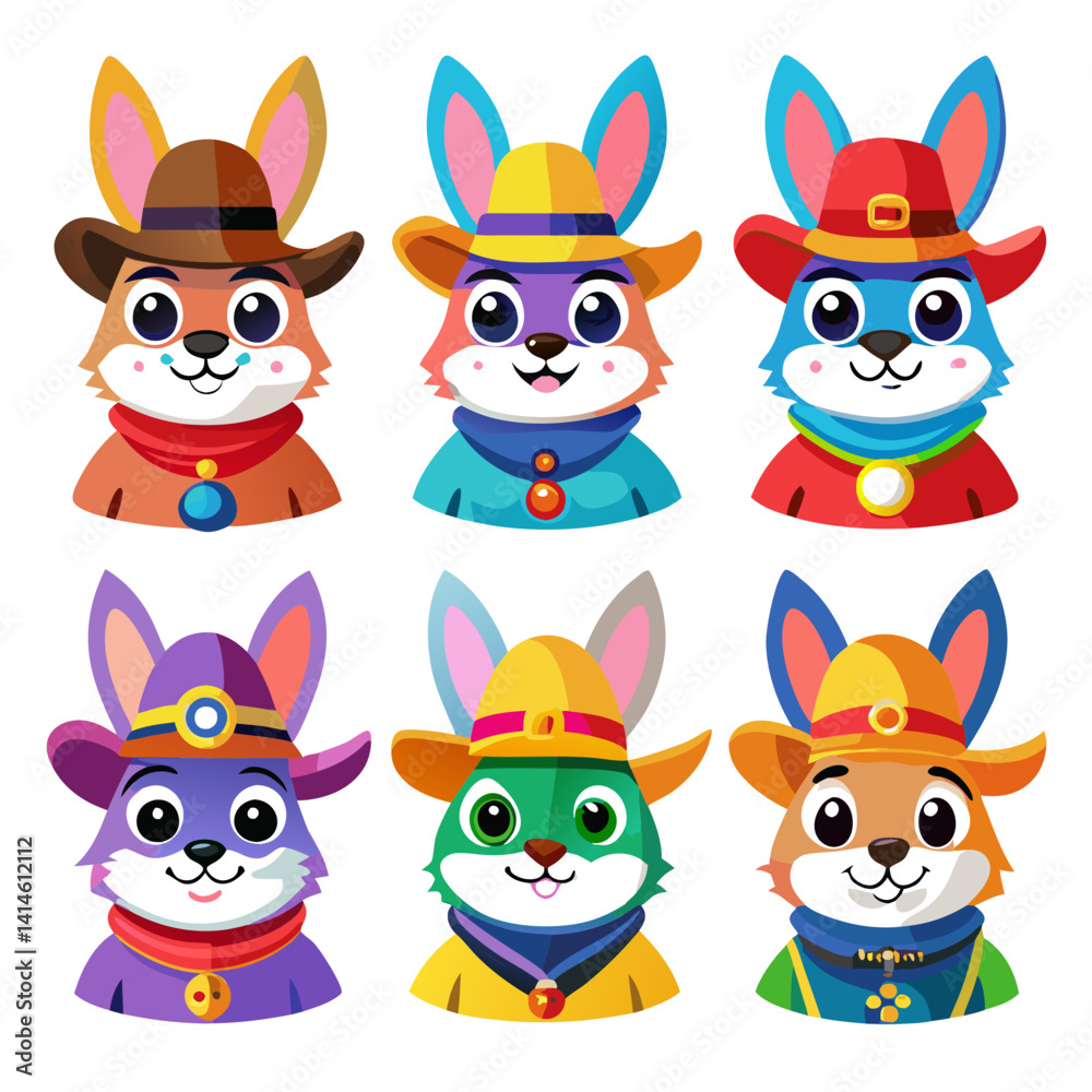 Fototapeta premium Colorful Cartoon Rabbits in Hats Illustration Stock Image