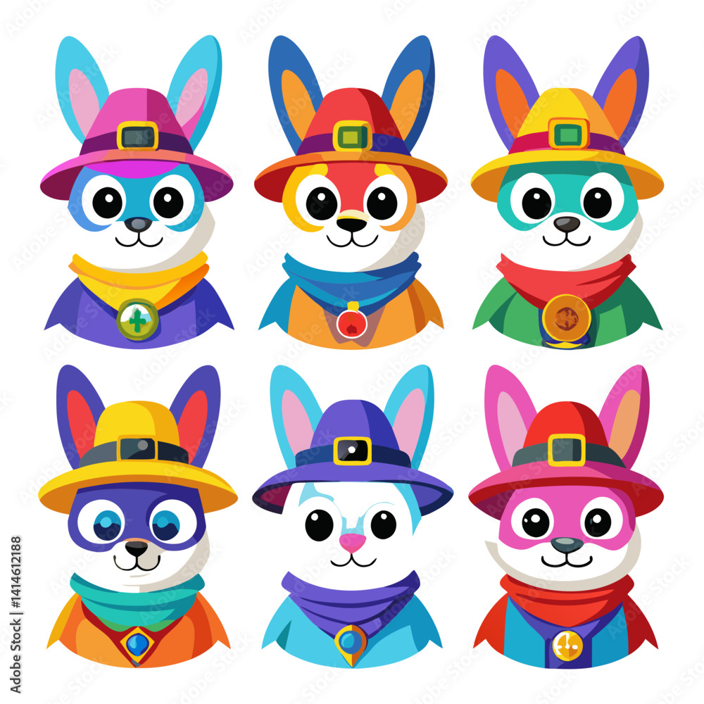 Fototapeta premium Cartoon Pilgrim Rabbits in Hats for Thanksgiving Decoration