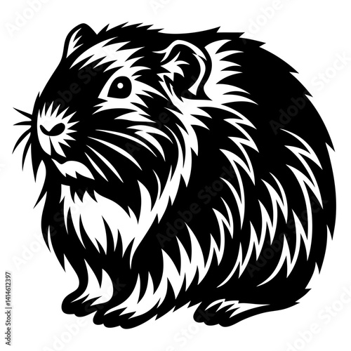 A striking black and white stylized guinea pig illustration with intricate details