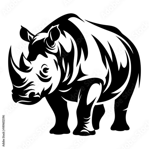 Powerful Black and White Vector Illustration of a Charging Rhinoceros