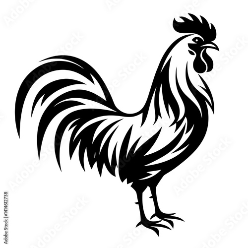 Majestic rooster illustration with stylized feathers and bold black and white design