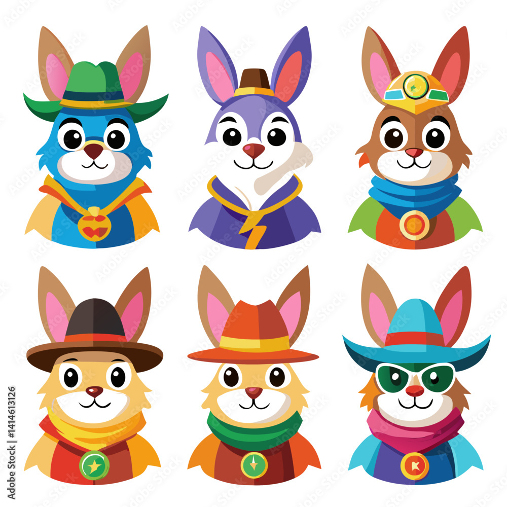 Cartoon Rabbits as Superheroes in Hats, Vector Illustration Cartoon Rabbits as Superheroes in Hats, Vector Illustration