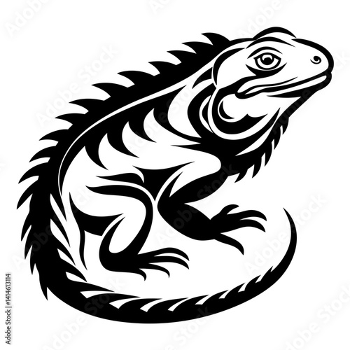 Tribal Style Iguana Reptile Design Illustration with Black and White Elements