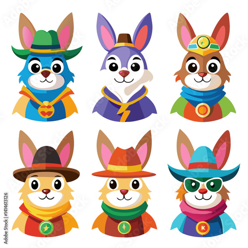 Cartoon Rabbits as Superheroes in Hats, Vector Illustration