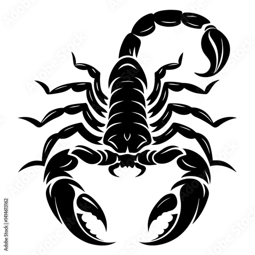 Detailed black scorpion illustration on white background featuring sharp claws and stinger
