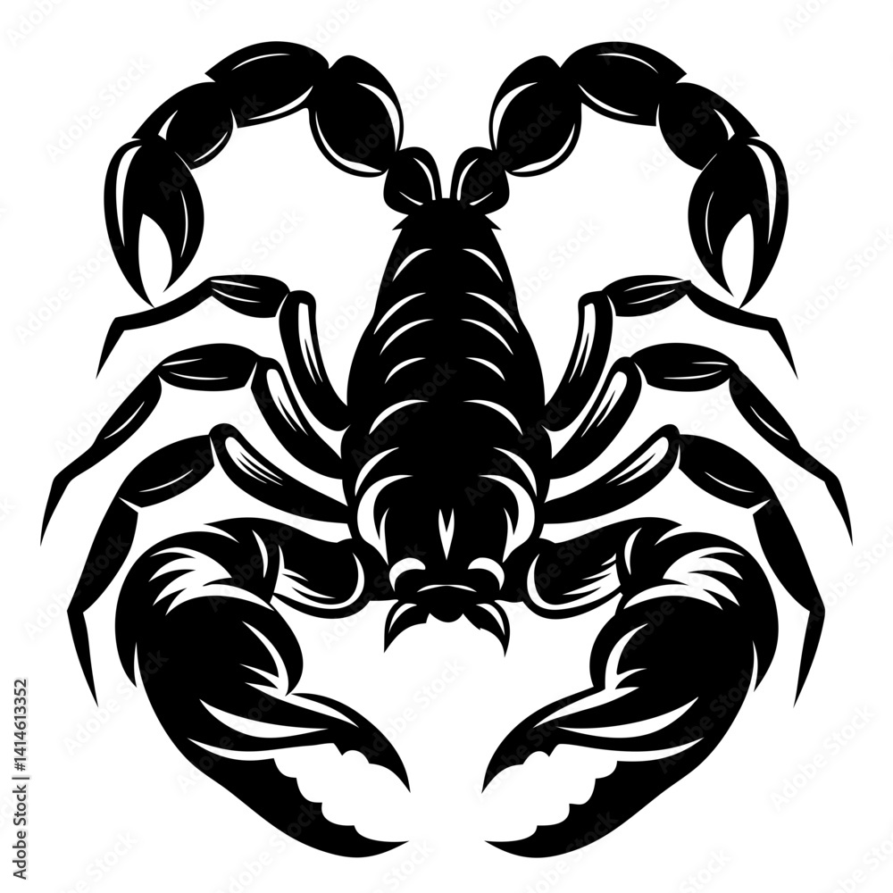 Bold graphic of a scorpion with large pincers in black and white Bold graphic of a scorpion with large pincers in black and white