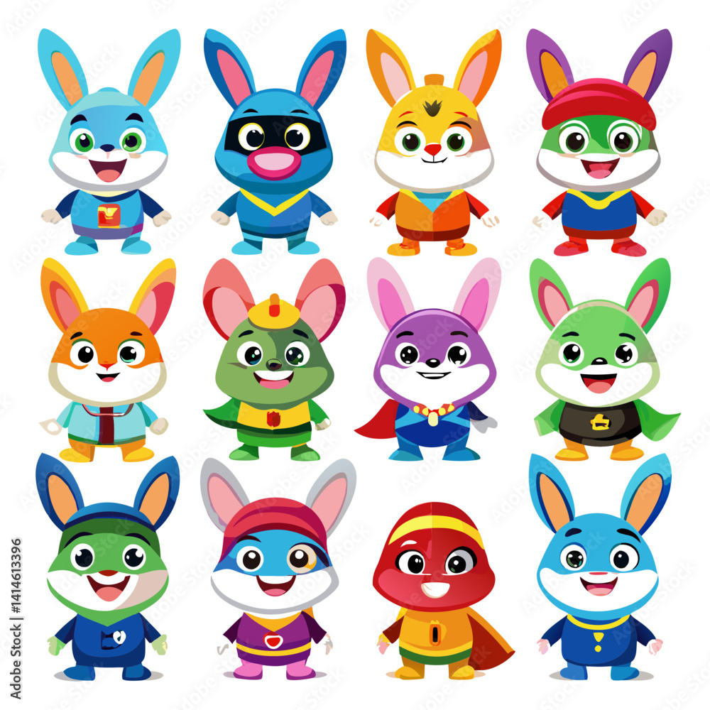 Naklejka premium Cartoon Super Bunny Heroes: Cute Animal Character Collection