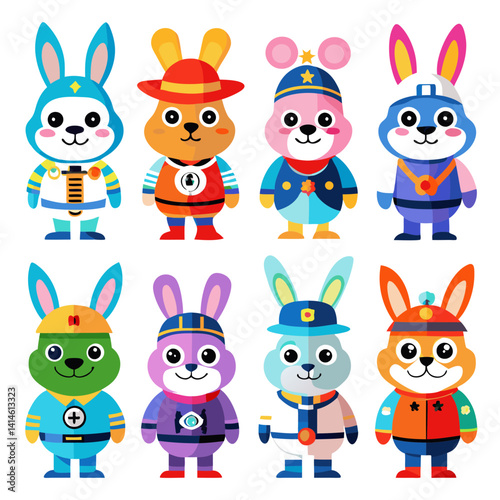 Colorful Cartoon Character Set: Rabbits and Mouse