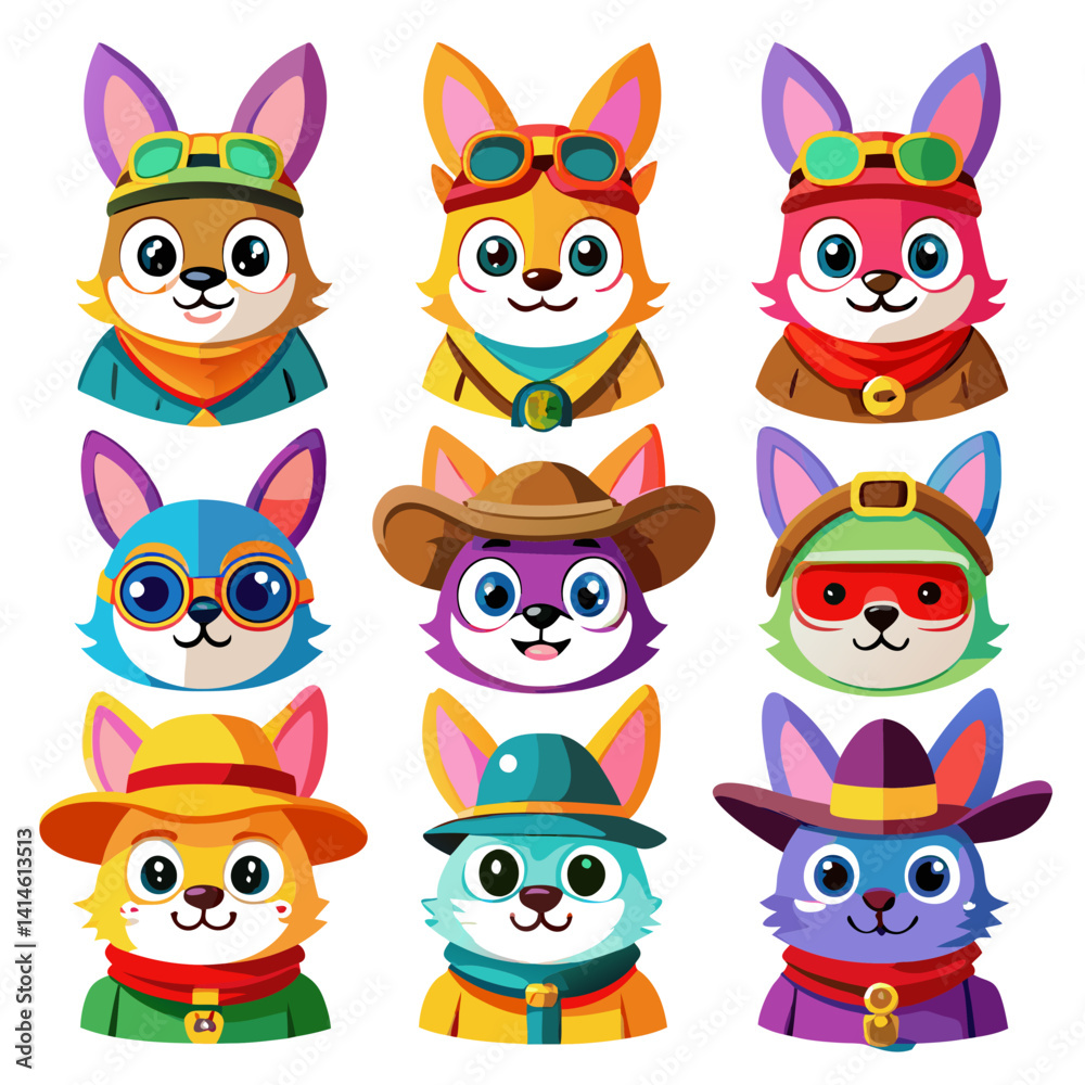 Fototapeta premium Colorful Cartoon Animals in Hats and Goggles Illustration