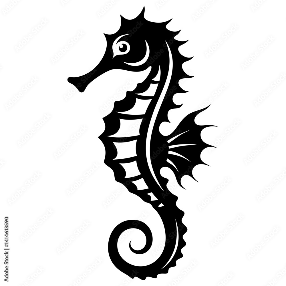 Φωτογραφία Elegant black silhouette of a seahorse with a curly tail and fins