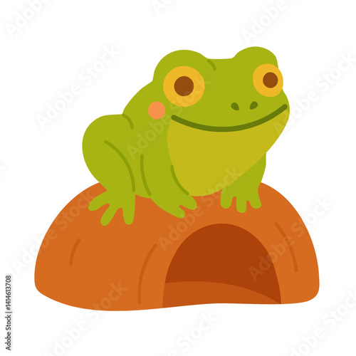 Adorable green frog with big eyes sitting on an orange rock, colorful flat vector illustration.