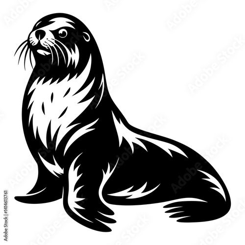 Monochrome illustration of a sea lion sitting and looking up gracefully