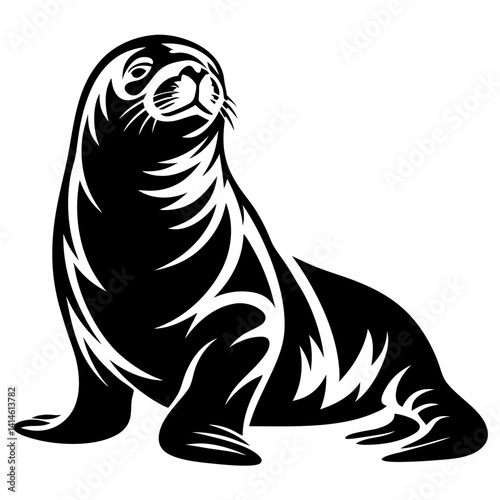 A tribal style illustration of a sea lion in black and white
