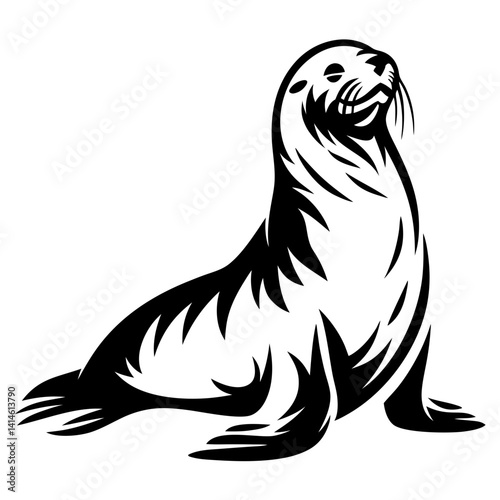 Black and white illustration of a sea lion looking upwards gracefully