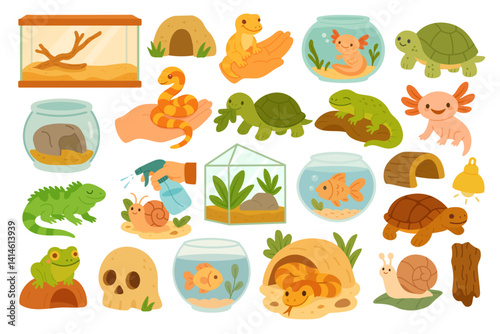 Adorable set of exotic cold-blooded pets including reptiles, amphibians, fish, and snails, colorful flat cartoon vector illustration.