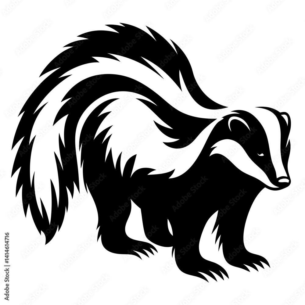 Stylized black and white skunk illustration with distinctive white stripe pattern Stylized black and white skunk illustration with distinctive white stripe pattern