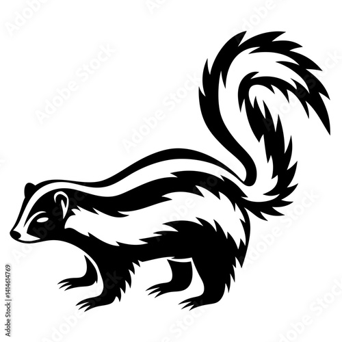 Stylized black and white skunk illustration with bushy tail and stripe pattern
