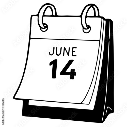 Calendar page showing June 14 with rings and a stand  