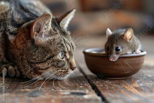 A cat looking at a mouse that is sitting in its bowl