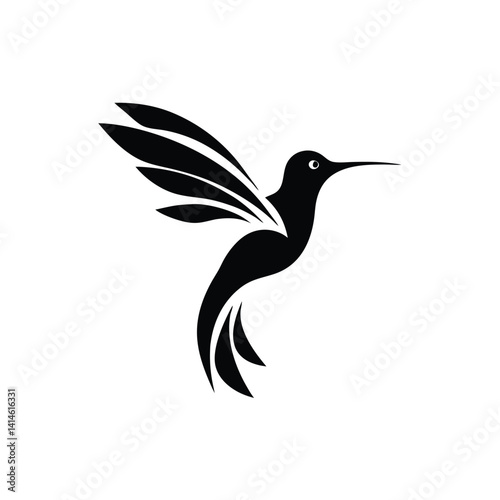 Stylized Black Silhouette Hummingbird in Flight - Abstract Design