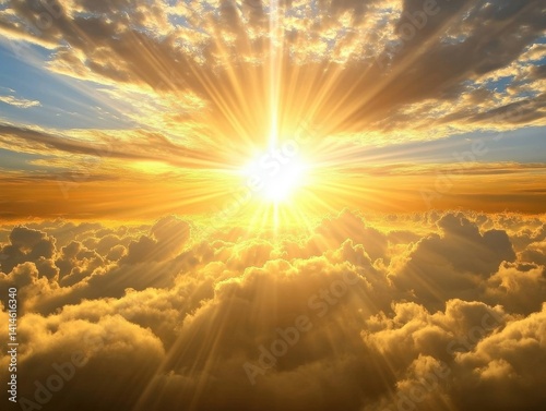 Fototapeta Naklejka Na Ścianę i Meble -  Radiant Sunlight Bursting Through Fluffy Clouds in a Golden Sky Creating a Heavenly and Inspiring Atmosphere High Above the Earth
