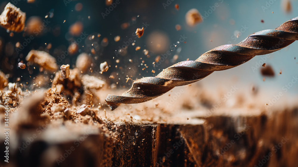 dynamic Drilling Action Close-up. Intense closeup of a drill bit piercing through metal with vibrant wood shavings and dust particles capture in mid-air with copy space