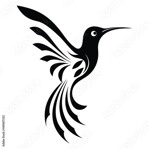 Stylized Black Silhouette Hummingbird in Flight - Abstract Design