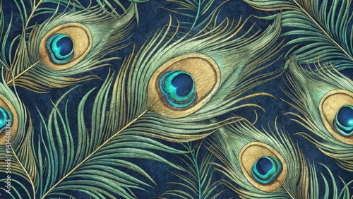 Vibrant Peacock Feather Textile Design Seamless Pattern in Artistic Close-Up