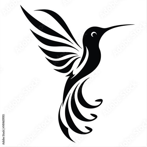 Stylized Black Silhouette Hummingbird in Flight - Abstract Design
